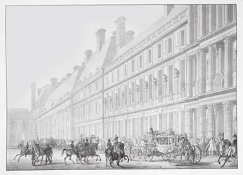 Departure from the Tuileries Palace of Emperor Napoleon I and Empress Josephine for their Coronation at Notre-Dame Cathedral on 2 December, 1804, illustration from the 